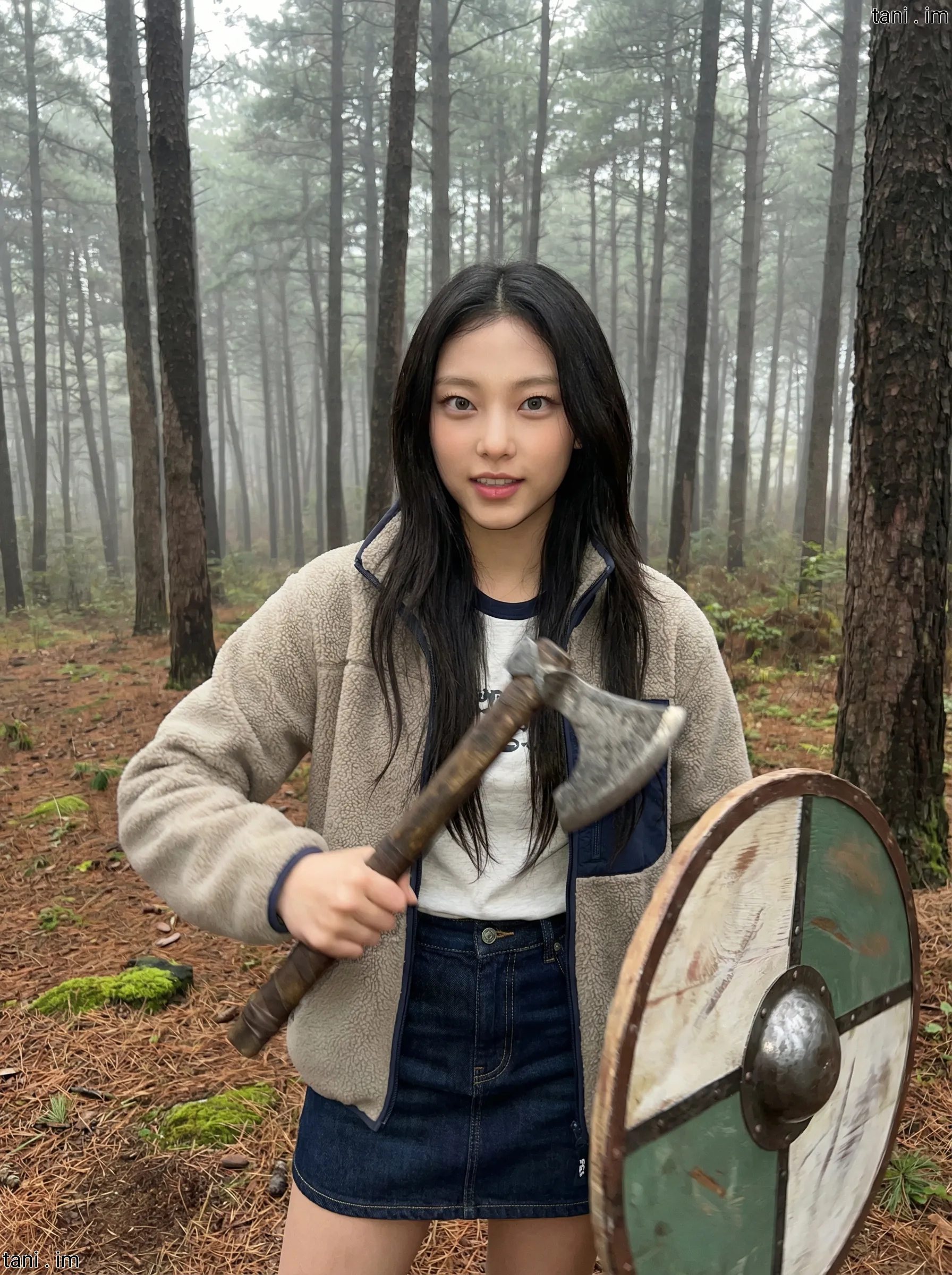 Image tagged Axe, Jacket, Shield, Skirt, Weapon