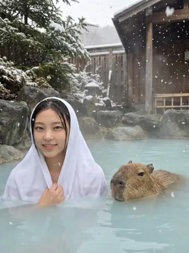 Image tagged Capybara, Hot Spring, Snow, Towel