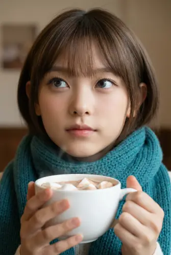 Image tagged Close Up, Hot Chocolate, Marshmallow, Mug, Sweater, Scarf