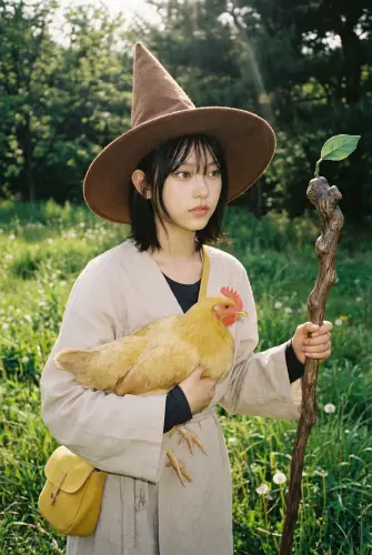 Image tagged Chicken, Hat, Headwear, Robe, Staff, Weapon, Witch