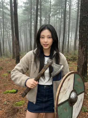 Image tagged Axe, Jacket, Shield, Skirt, Weapon