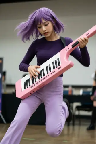 Image tagged Duolingo, Instrument, Keytar, Lily, Pants, Tee