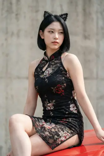 Image tagged Animal Ears, Headwear, Headband, Dress, Cheongsam