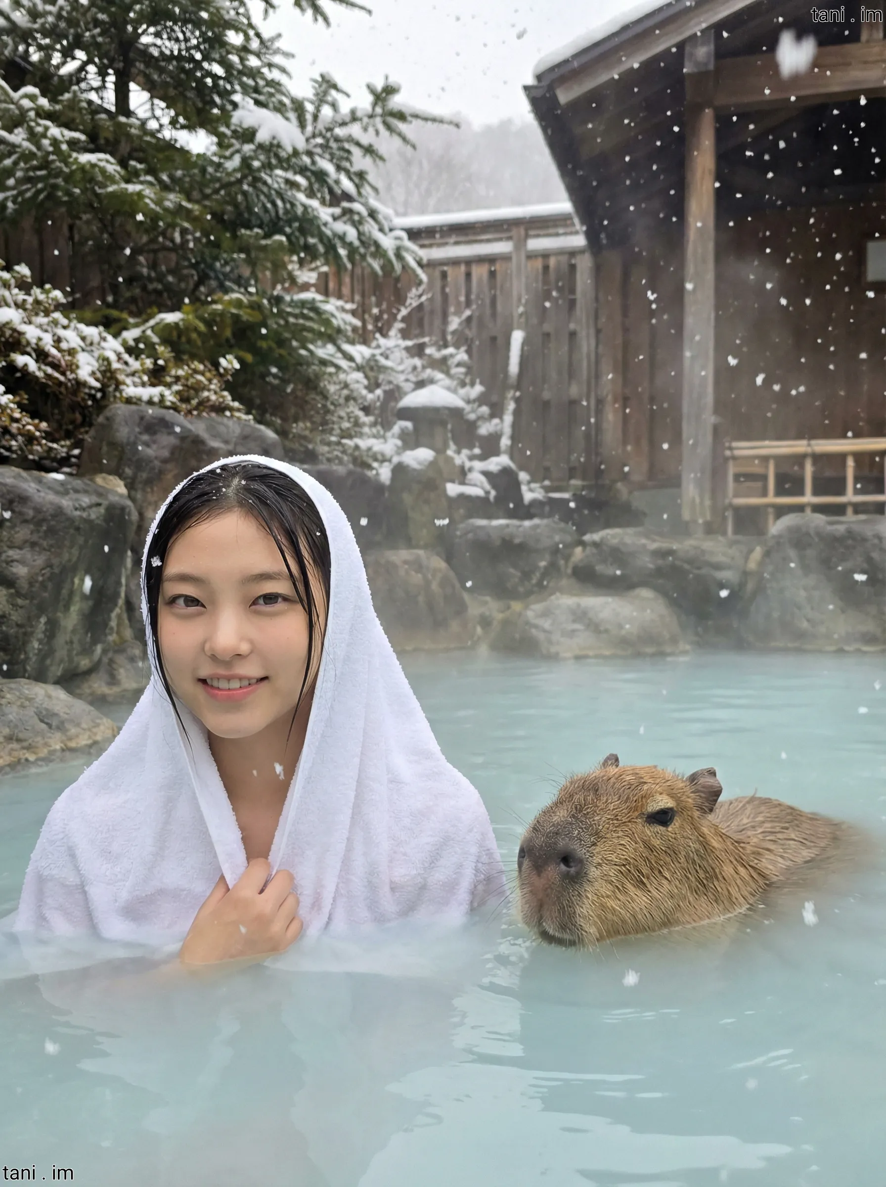 Image tagged Capybara, Hot Spring, Snow, Towel